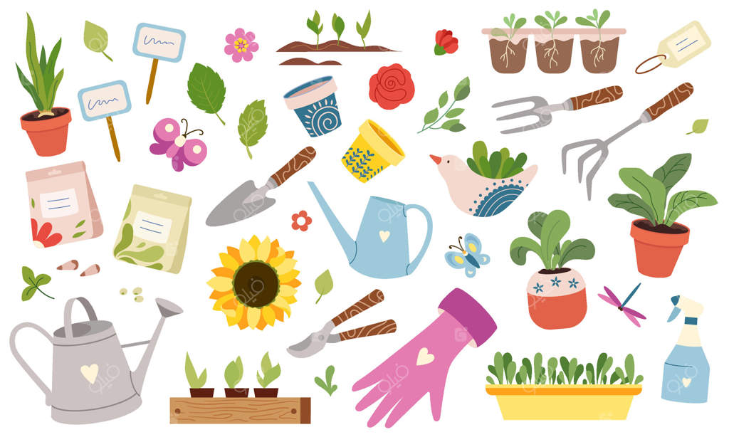 مجموعه بزرگ ابزار باغبانی برای مراقبت از گیاهان خانگی و باغچه‌ای - تجهیزات بهاره باغبانی و گلخانه‌ای - مراقبت از گیاهان گلدانی، دانه‌ها، بیل، شن‌کش و آب‌پاش - تصویرسازی تخت