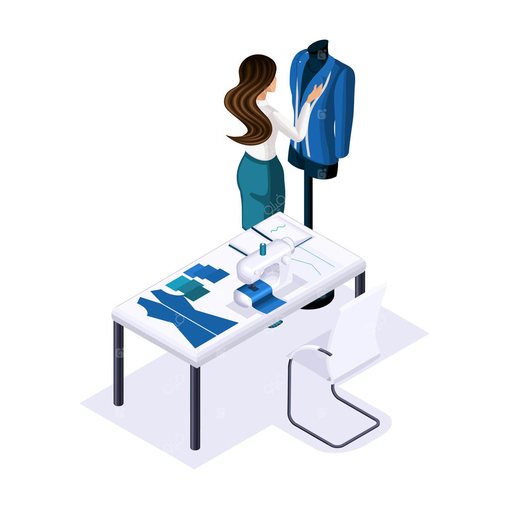 طراح ایزومتریک، خیاطی و طراحی لباس‌های مد بالا برای مشتریان خاص در آتلیه خصوصی: کارآفرینی که برای خودش کار می‌کند و کسب‌وکار خود را اداره می‌کند.