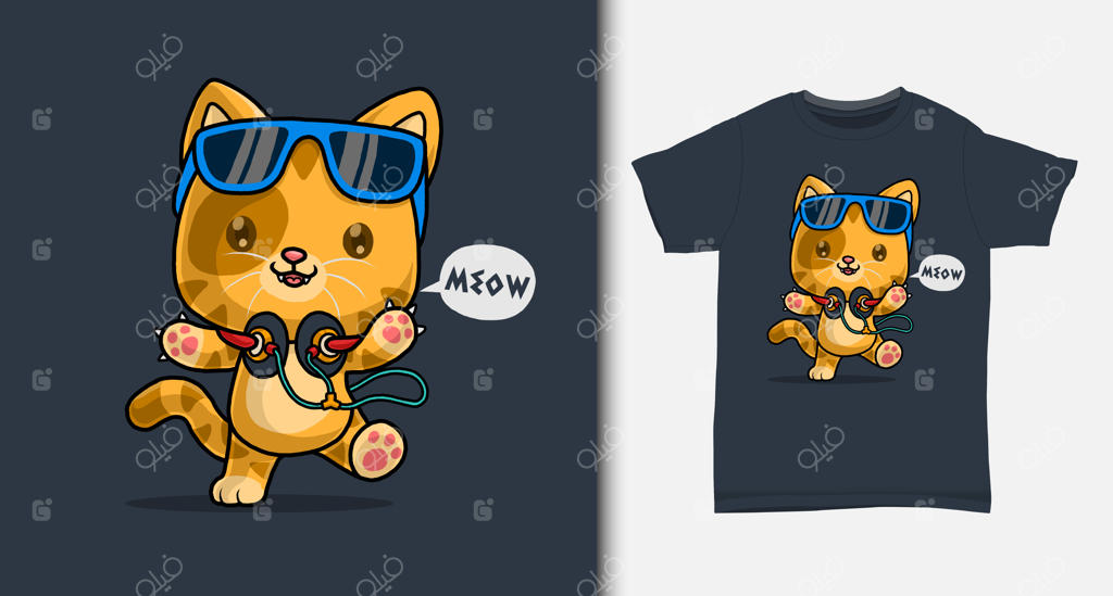 طرح کارتونی گربه بامزه با طراحی تی‌شرت.