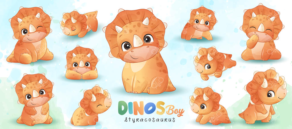 ژست‌های بامزه دایناسور کوچک همراه با نقاشی آبرنگی