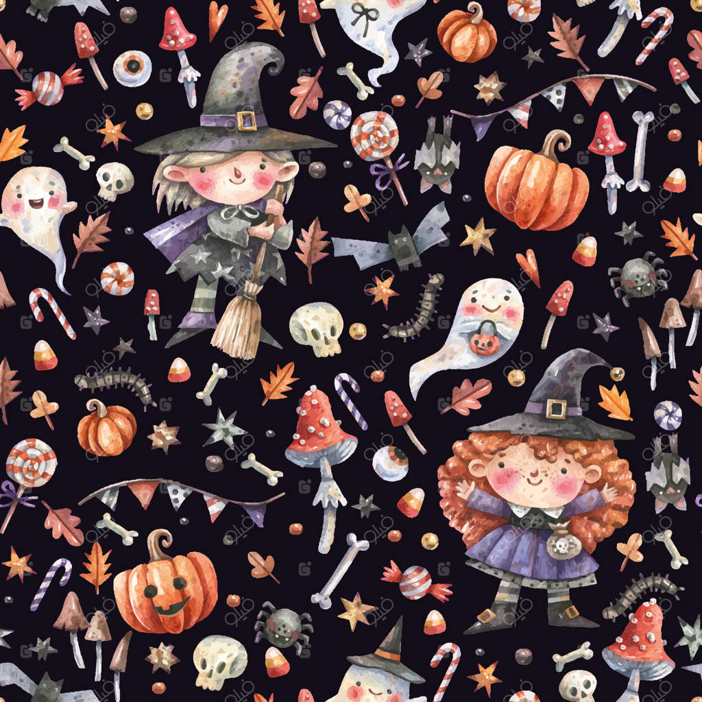 پترن یکپارچه هالووین با جادوگران بامزه، کدو تنبل، قارچ سمی و خفاش‌ها به سبک کارتونی. جادوگران،