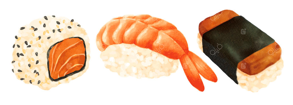 مجموعه‌ای از تصاویر غذایی سوشی ژاپنی به سبک آبرنگ