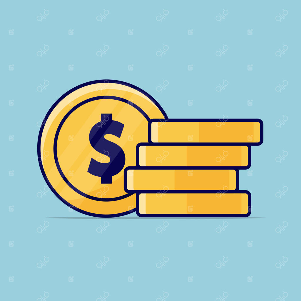 تصویرسازی وکتور توده سکه‌ها، آیکون تخت سکه‌های چیده شده روی هم، کپه پول نقد و سکه‌های طلا، گنجینه ایزوله در پس‌زمینه رنگی