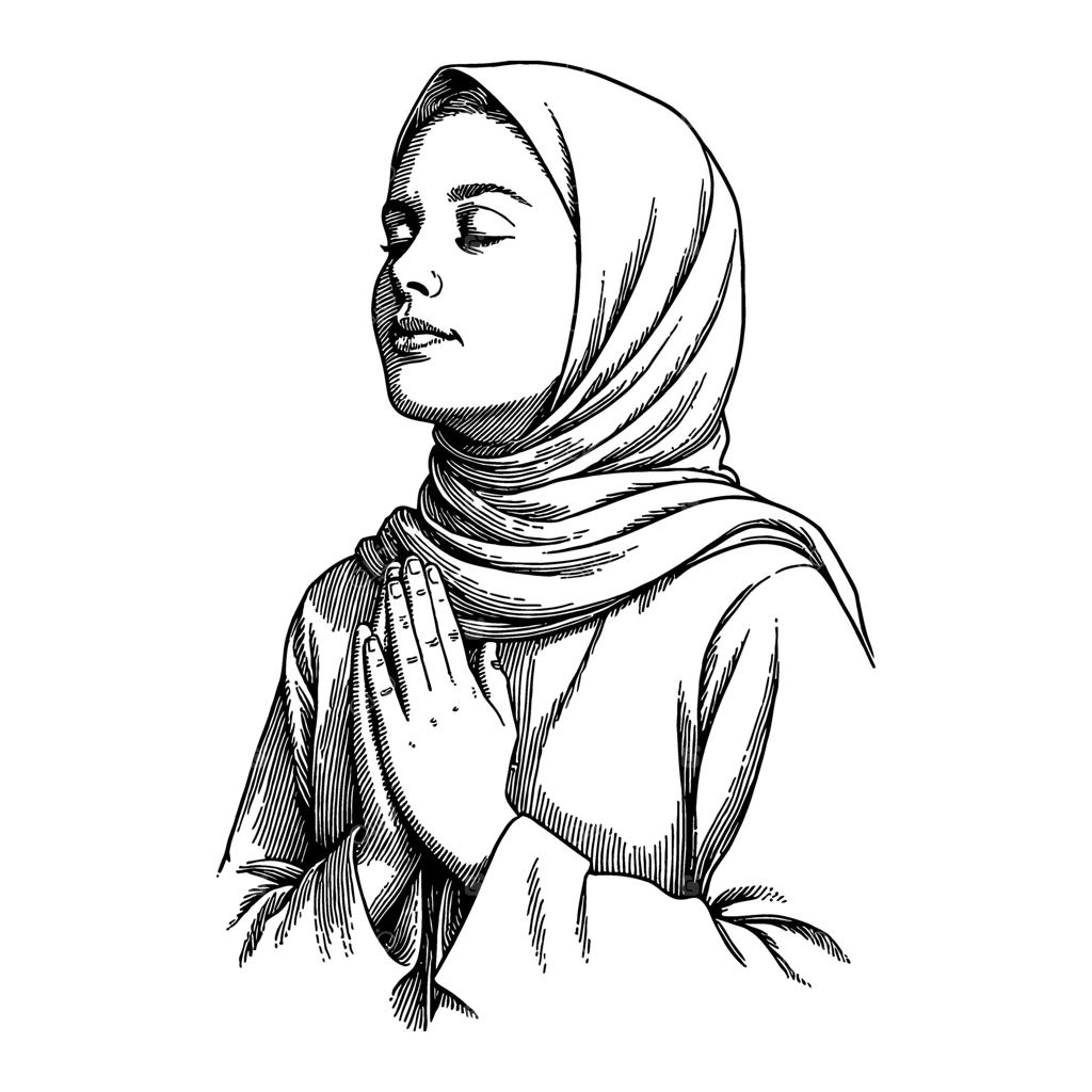 طراحی خطی و سیاه‌سفید پرتره دختر باحجاب متفکر در حال دعا با چشمان بسته به سبک حکاکی
