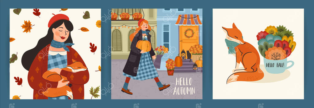 مجموعه‌ای از تصاویر پاییزی با طراحی دختری بامزه برای کارت، پوستر، بروشور و وبسایت‌ها