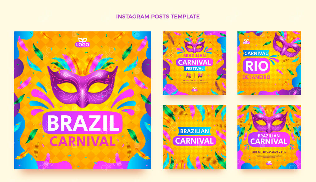 مجموعه پست‌های اینستاگرام کارناوال برزیلی با گرادینت‌های رنگارنگ