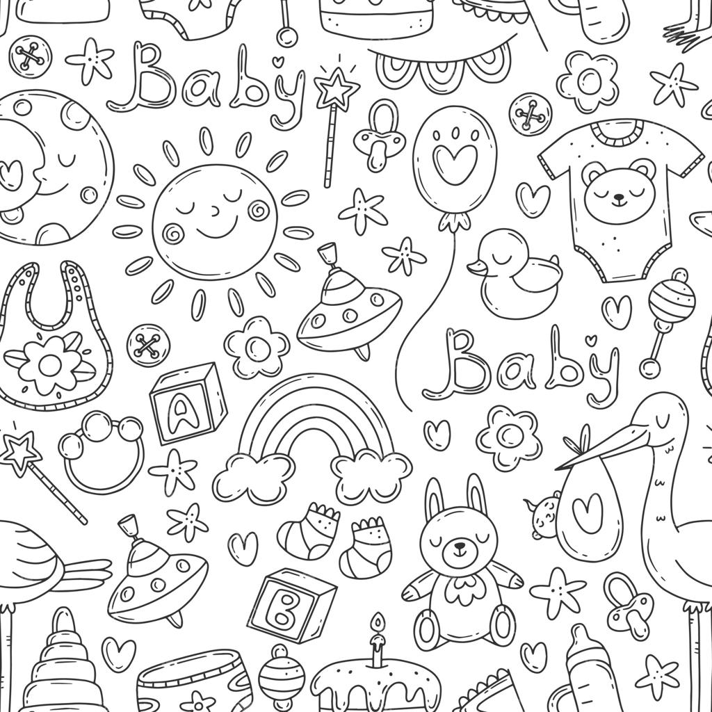 پترن وکتور سیاه و سفید با عناصر دودل در موضوع تولد کودک. طرح کودکانه با عناصر بامزه.