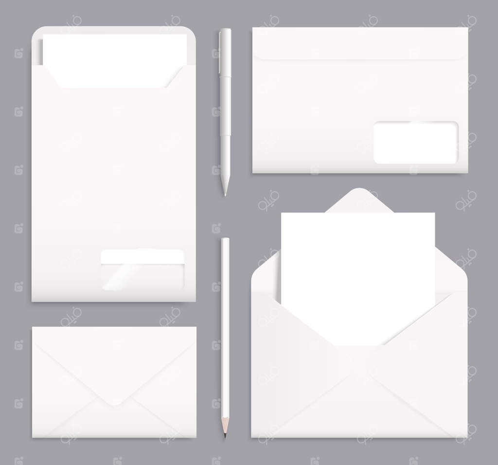 تصویر واقعی از پاکت‌های باز شده و چسب‌خورده با برگه‌های کاغذ روی زمینه خاکستری، وکتور ایلاستریشن