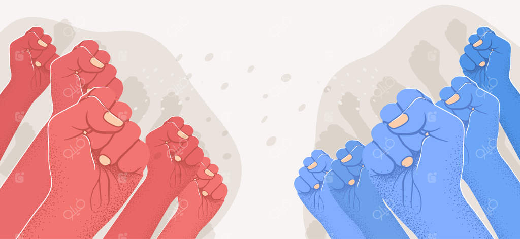 گروه دست‌های قرمز بلندشده علیه گروه دست‌های آبی بلندشده: مفاهیم مخاصمه و تقابل. چپ در برابر راست.