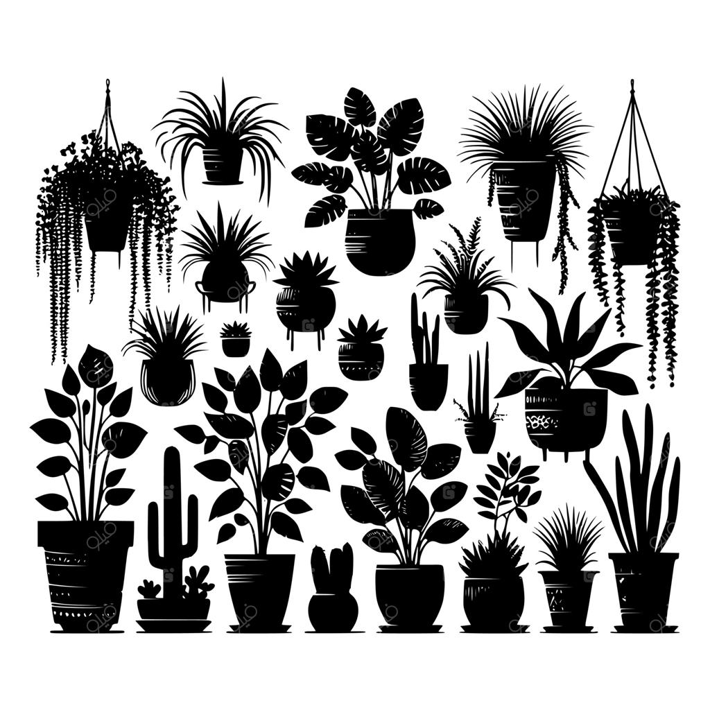 تصویری سیاه و سفید از مجموعه‌ای از گیاهان آپارتمانی و کاکتوس‌ها به صورت سیلوئت. مناسب برای تم‌های گیاهی، طراحی داخلی باغ و پروژه‌های دکوراسیون مینیمالیستی.
