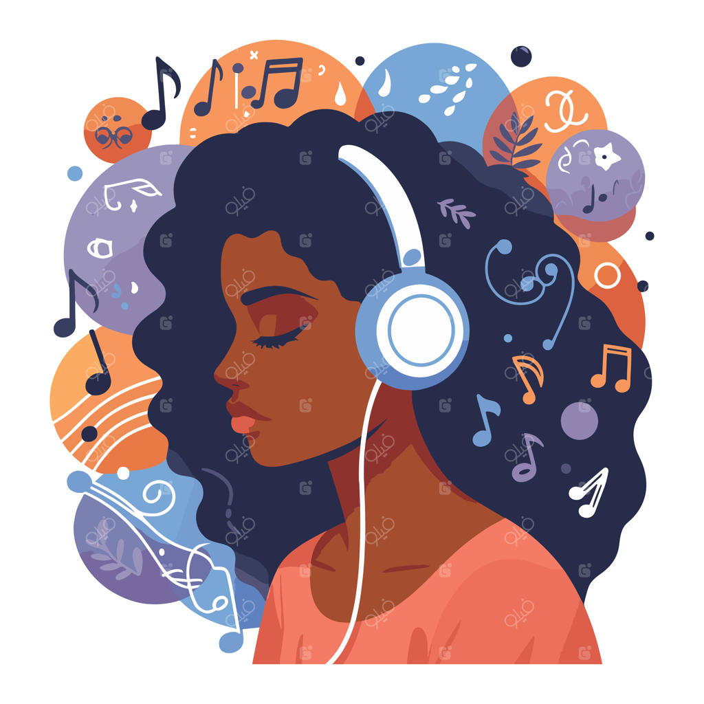 نیم‌رخ زن جوان و شیک‌پوش سیاه‌پوست در حال گوش دادن به موسیقی با هدفون