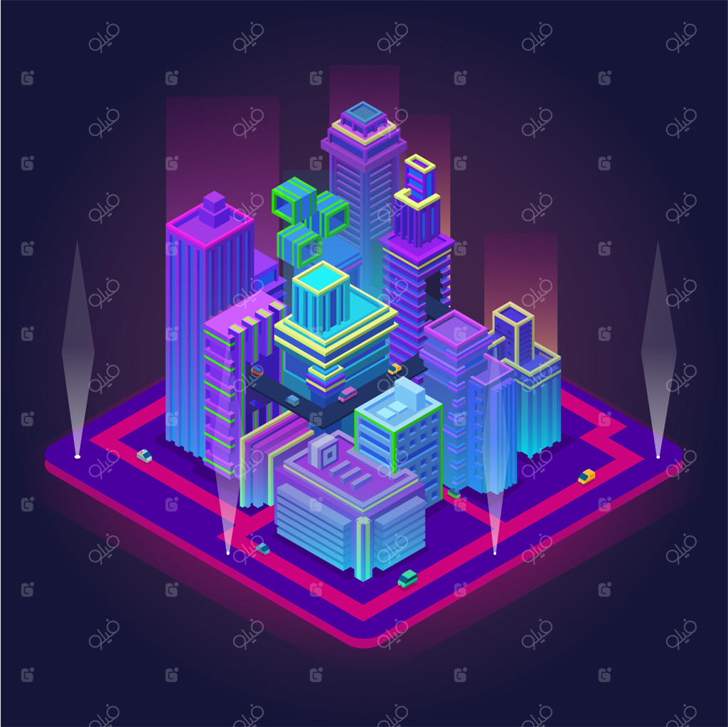 مرکز تجاری ایزومتریک با آسمان‌خراش‌ها: متروپولیسی آینده‌نگر با زیرساخت‌های حمل‌ونقل. طراحی نوآورانه شهر هوشمند در رنگ‌های نئونی. مهندسی و تکنولوژی در نمایی متفاوت.