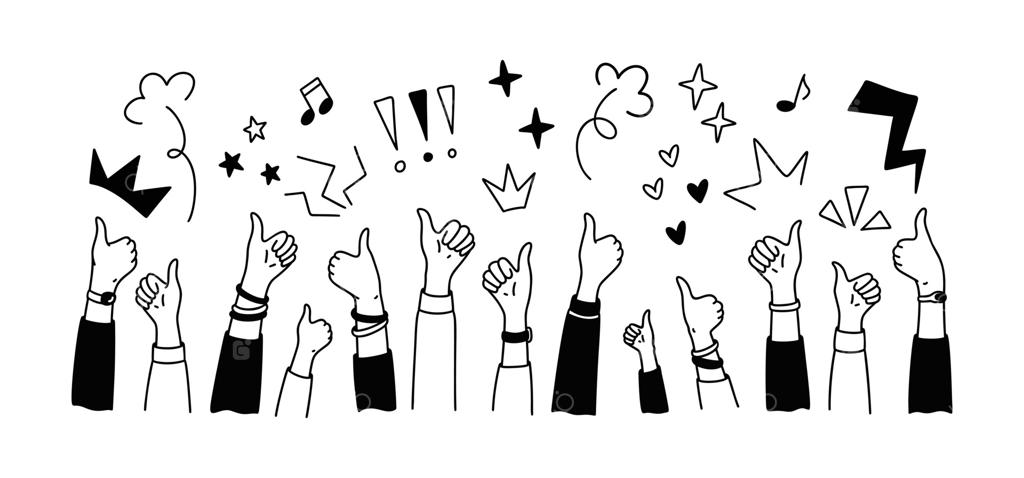 پس‌زمینه دودل دست‌های بالا رفته و علامت لایک با طرح خط‌خوطی مداد شمعی، مناسب برای پوستر جشن تولد، جشنواره موسیقی و رویدادهای شرکتی