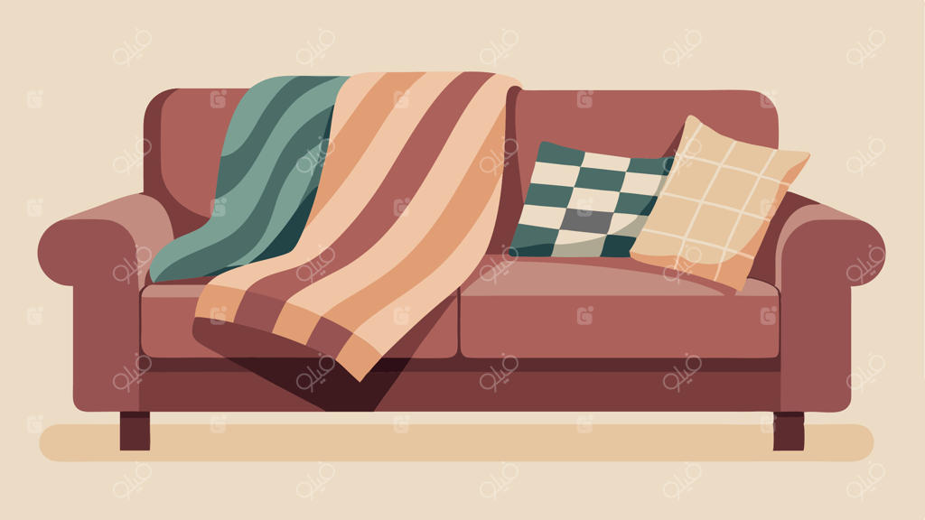 ترکیبی از پتوها و رواندازهای بافت و طرح‌دار مختلف روی یک کاناپه دنج پهن شده‌اند.