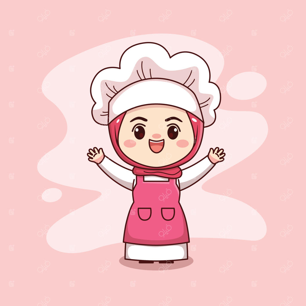 طراحی شخصیت کارتونی وکتوری سرآشپز مسلمان بامزه و کاوایی با حجاب در سبک مانگا و چیبی