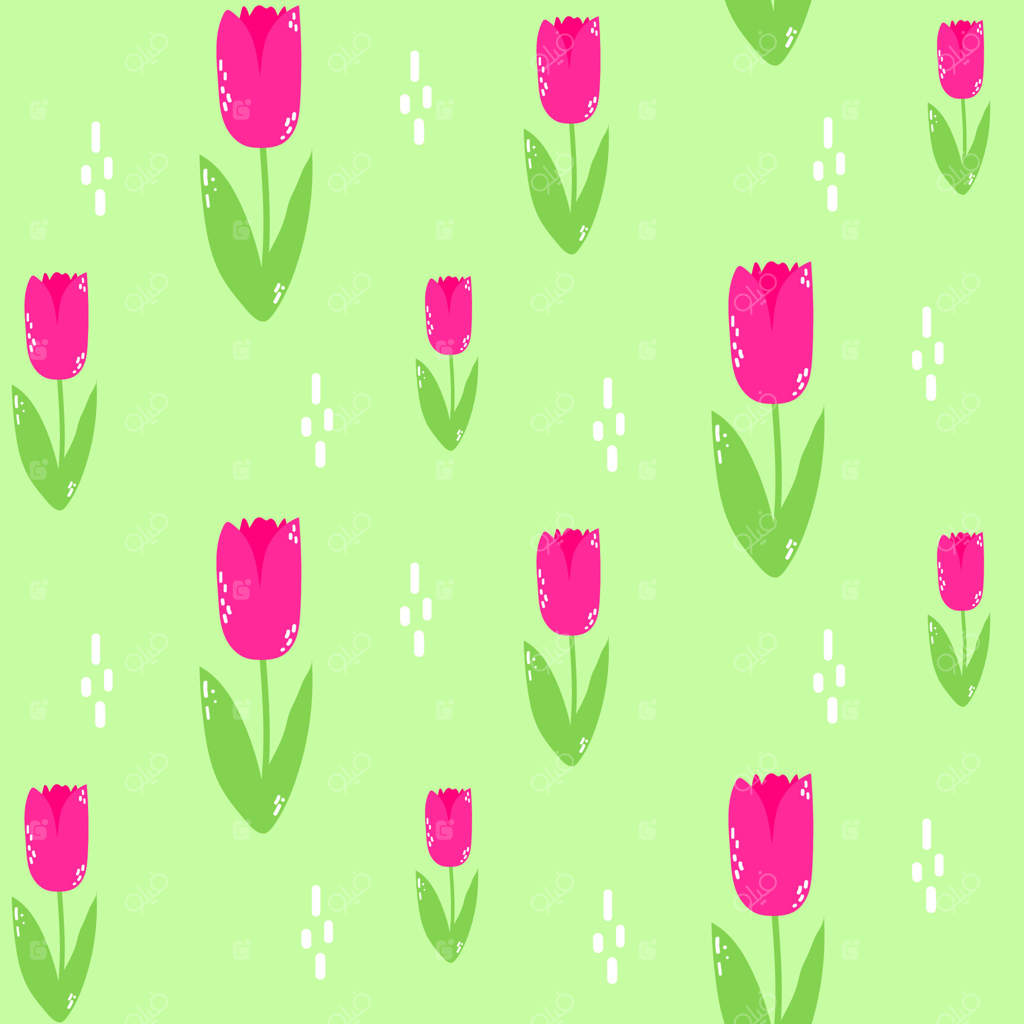 اولین شکوفه‌های بهاری در باغچه؛ گل لاله صورتی روشن با طرح دست کشیده.