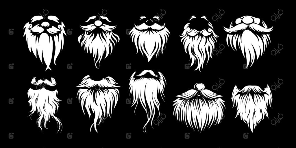 مجموعه‌ای از سبیل‌ها و ریش‌های سفید به سبک سیلوئت روی پس‌زمینه مشکی، مفهومی برای آرایشگری، سلمانی یا تم‌های هیپستر