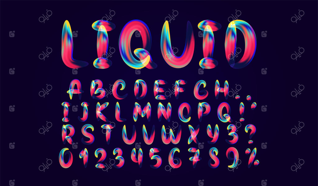فونت حروف الفبای ذوب شده با گرادیان مایع. حروف رنگارنگ و روان. فونت انتزاعی حروف انگلیسی نرم. طراحی اعداد سه‌بعدی و علائم به صورت جداگانه روی پس‌زمینه سیاه. تصویر وکتور.
