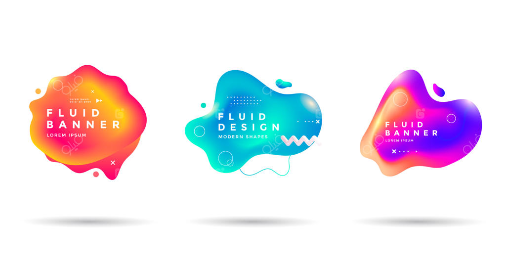 مجموعه‌ای از اشکال مایع انتزاعی: طراحی بنر با گرادیان‌های روان و هنری. فرم‌های دینامیک و جدا شده.