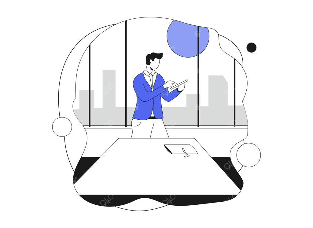 مردی با کت‌وشلوار آبی، مشغول مطالعه