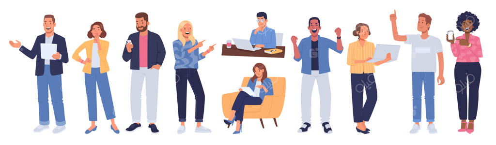 کاراکترهای تمام‌قد زنان و مردانِ بیزینسی در حال تعامل و انجام کارهای مختلف