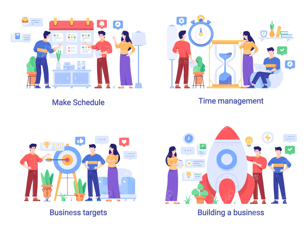 ایده‌پردازی تصویری درباره کسب‌وکار و مالی: مدیریت زمان، تعیین اهداف و برنامه‌ها، با طراحی تخت و رنگ‌آمیزی روان