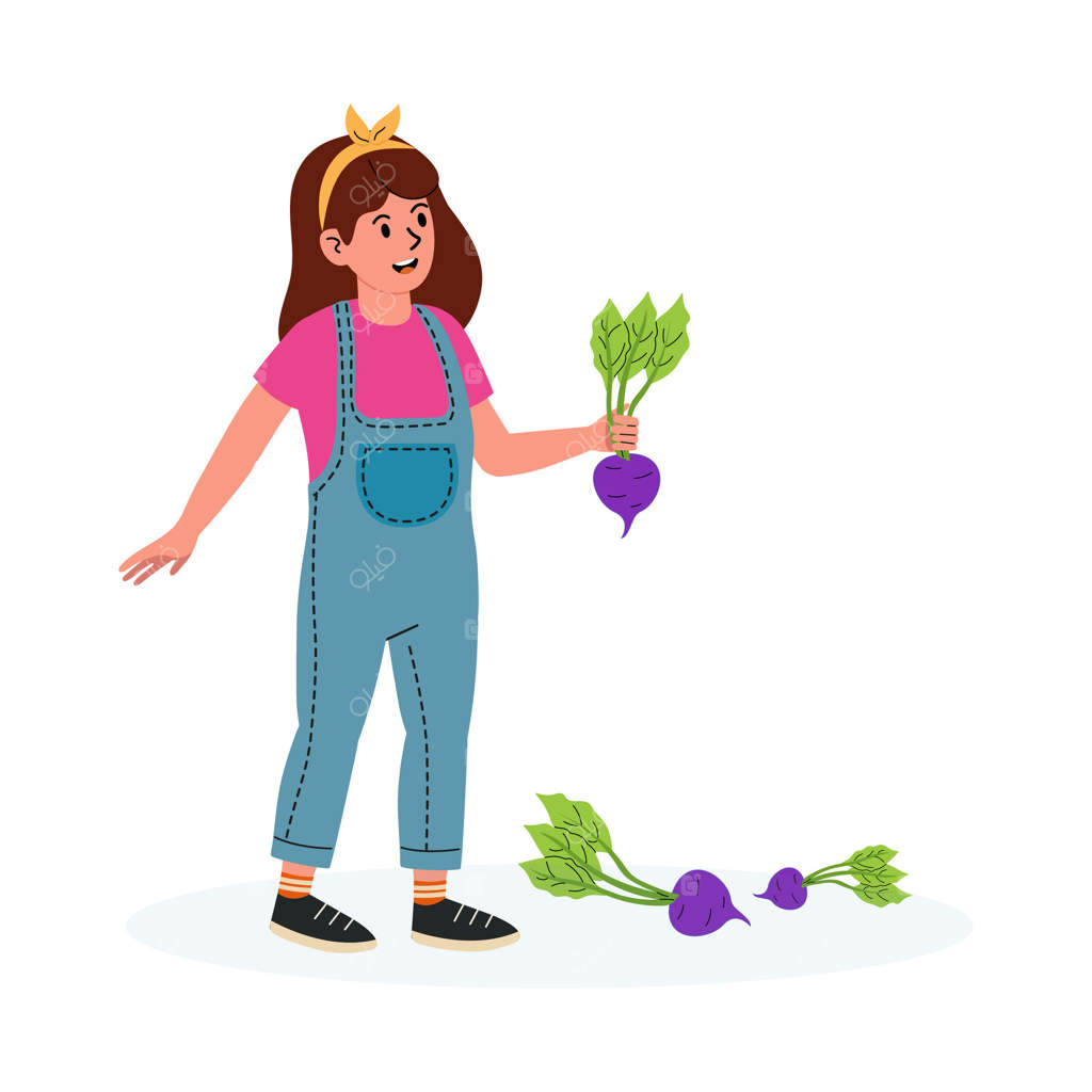 دختر جوانی در حال برداشت تربچه‌های بنفش در باغ در یک بعدازظهر آفتابی