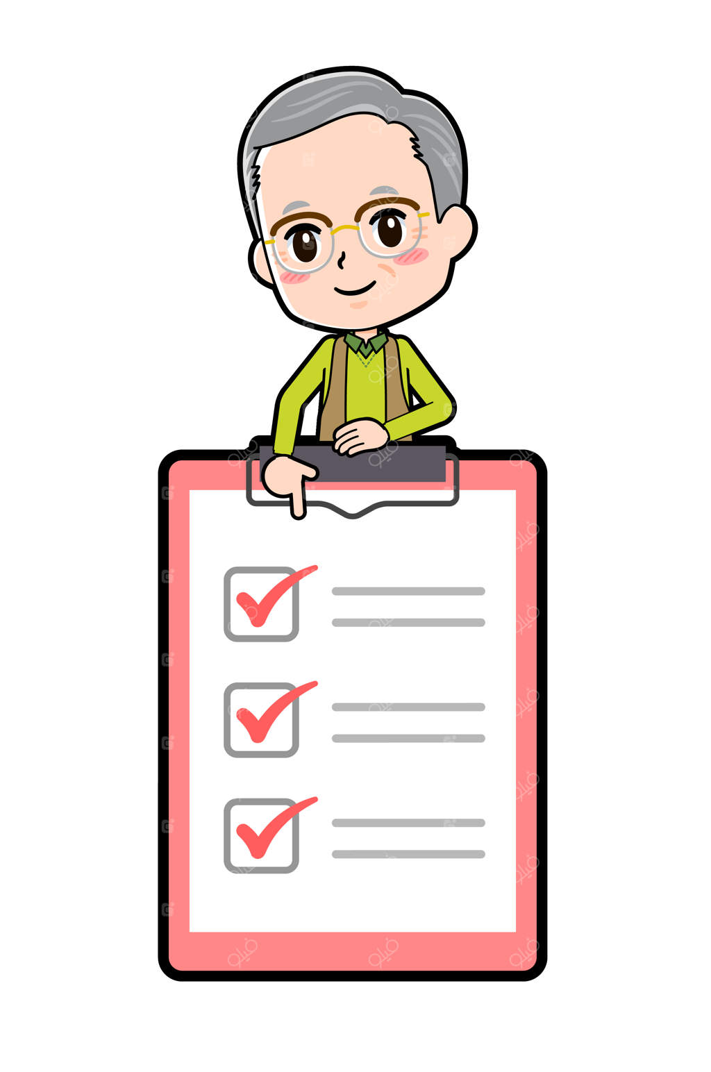 مردی مسن در حال راهنمایی با اشاره به چک لیست تا انتها.