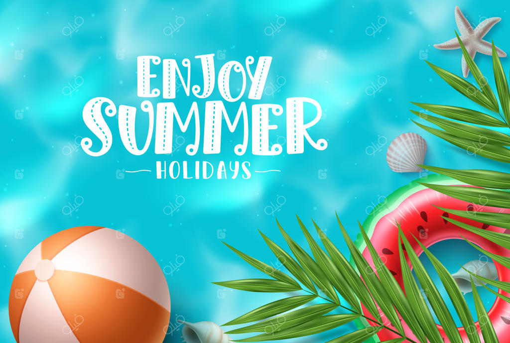 طرح پس‌زمینه‌ تابستانه با متن "از تابستان لذت ببرید" در آب ساحل همراه با توپ ساحلی شناور