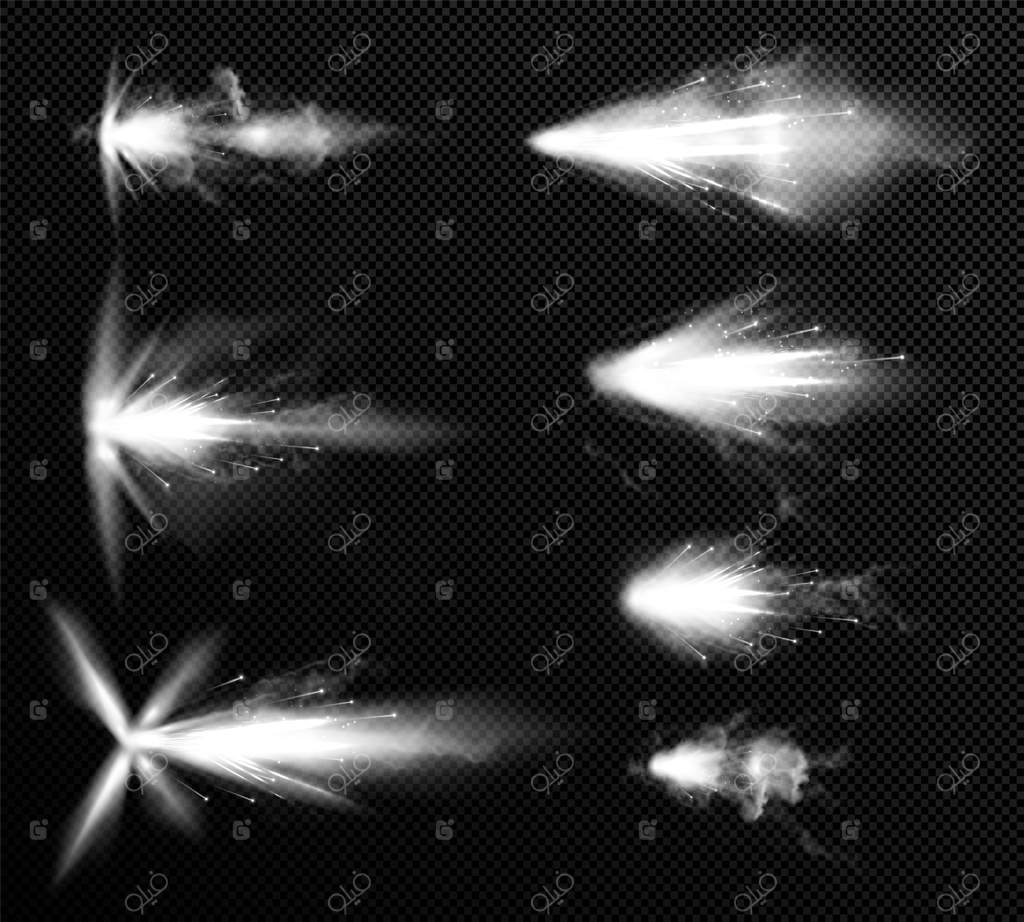 پرتوهای سفید تفنگ با ابرها و جرقه‌ها - مجموعه‌ای واقعی روی پس‌زمینه شفاف، تصویرسازی وکتور مجزا