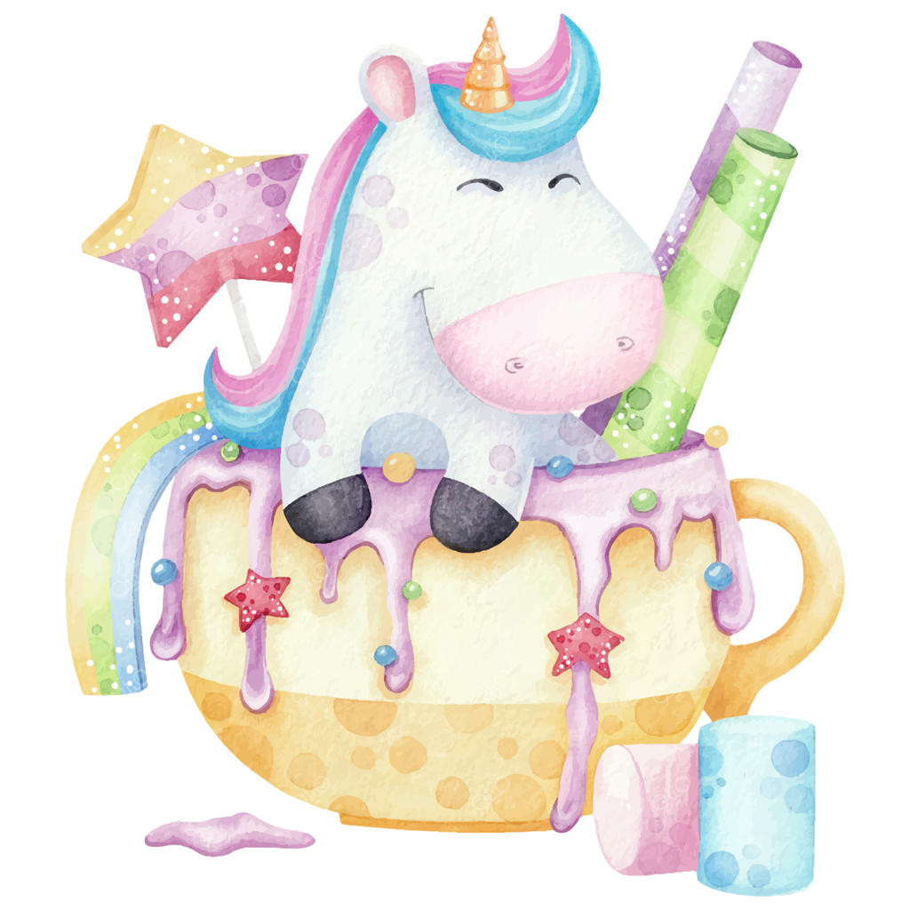 تصویر آبرنگی تک‌شاخ بامزه در فنجان پر از شیرینی روی زمینه سفید