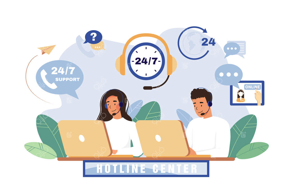 نماینده مرکز تماس در حال کار با هدست بر روی خط تلفن پشتیبانی