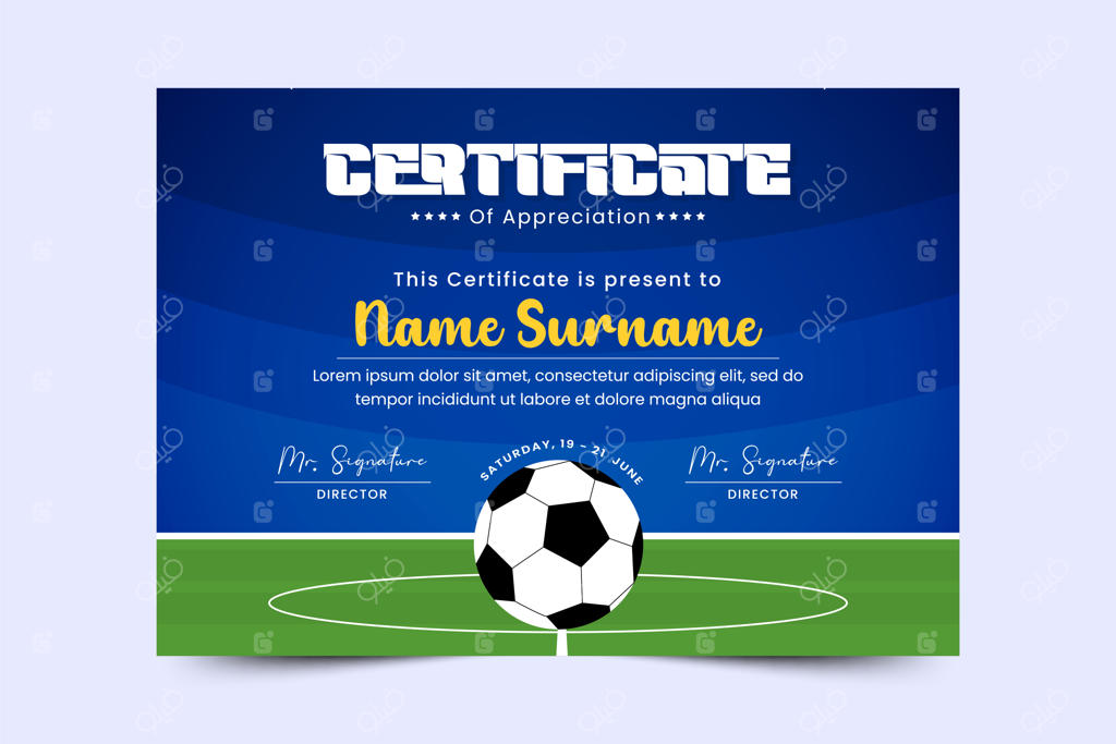 قالب طراحی گواهینامه رویداد ورزشی تورنمنت فوتبال با قابلیت سفارشی‌سازی آسان