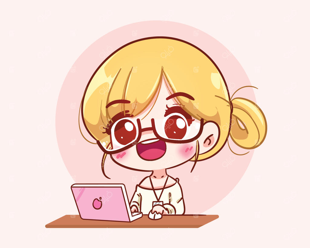 تصویرسازی کارتونی و طراحی دستی دختر بامزه در حال کار با لپ‌تاپ برای بنر و لوگو