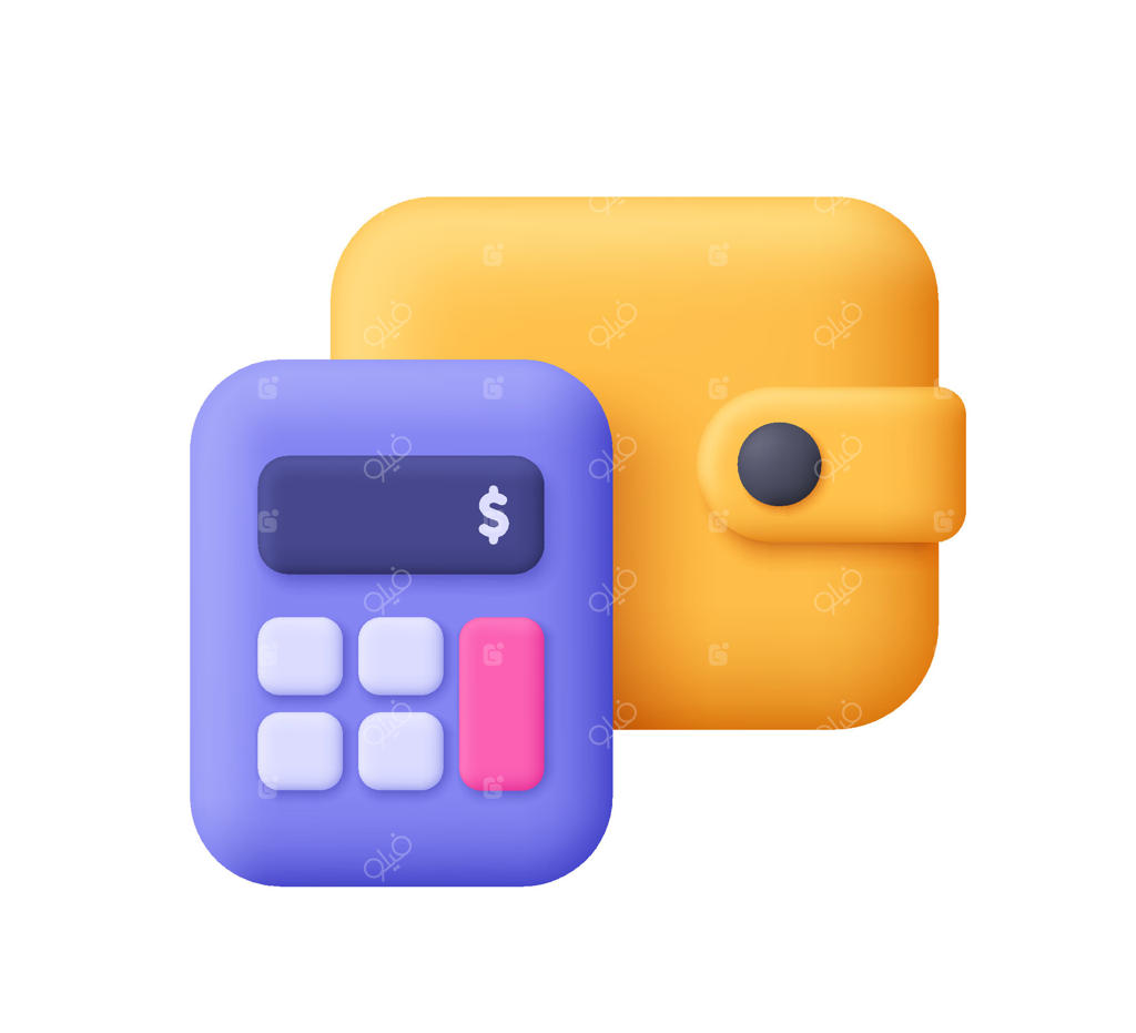 کیف زرد و ماشین حساب بنفش با علامت دلار روی صفحه. مفهوم بودجه‌بندی، برنامه‌ریزی مالی، حسابداری، هزینه‌ها و پس‌انداز. آیکون سه بعدی. سبک کارتونی ساده.