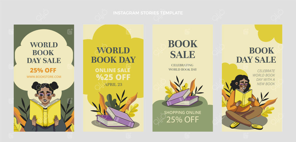 مجموعه استوری‌های اینستاگرام روز جهانی کتاب با طراحی دست‌ساز