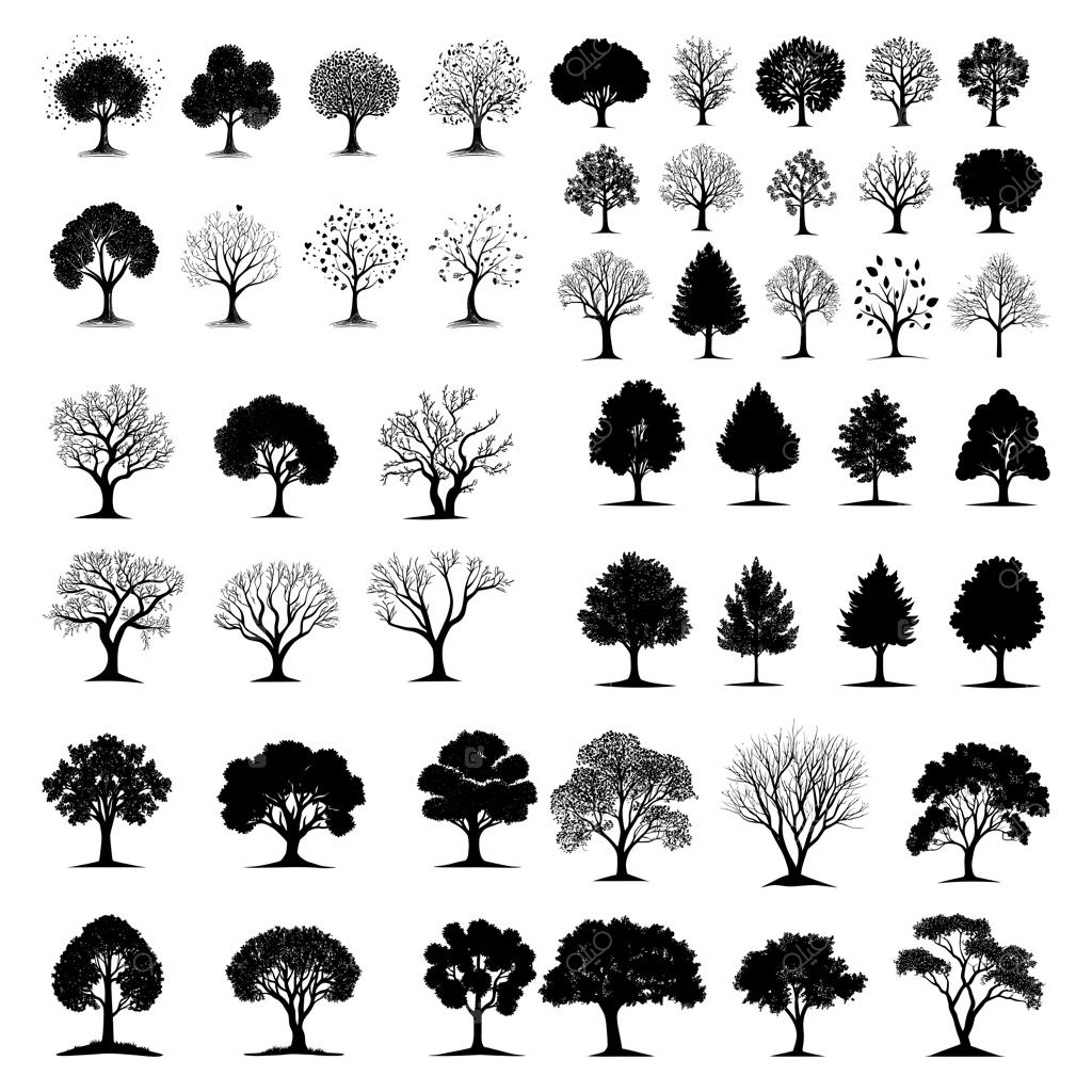مجموعه‌ای از درختان با نوشته‌ی کلمه درخت روی آن‌ها