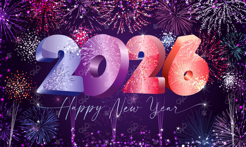 طراحی کارت تبریک شب سال نو ۲۰۲۶ با آتش‌بازی درخشان. مفهوم کارت پستال تعطیلات مبارک، پس‌زمینه تعطیلات با زرق و برق. قالب داستان برای شبکه‌های اجتماعی. اعداد سه‌بعدی ۲۰۲۶