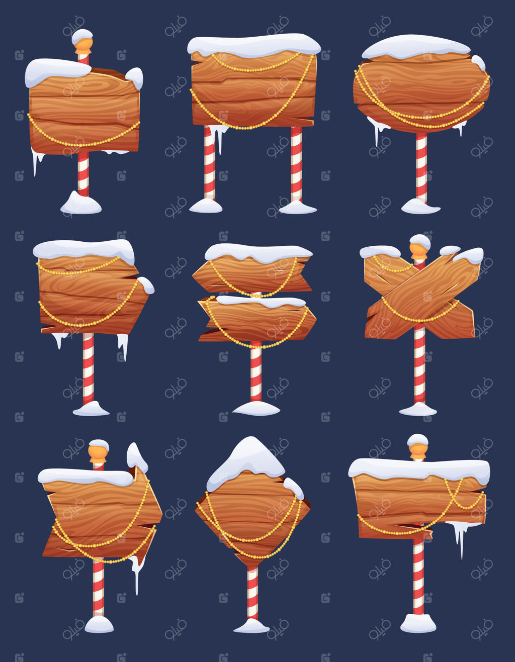 تابلوهای جاده برفی: فلش‌های چوبی کریسمس با کلاهک‌های برفی و تابلوهای ماجراجویی قطب شمال