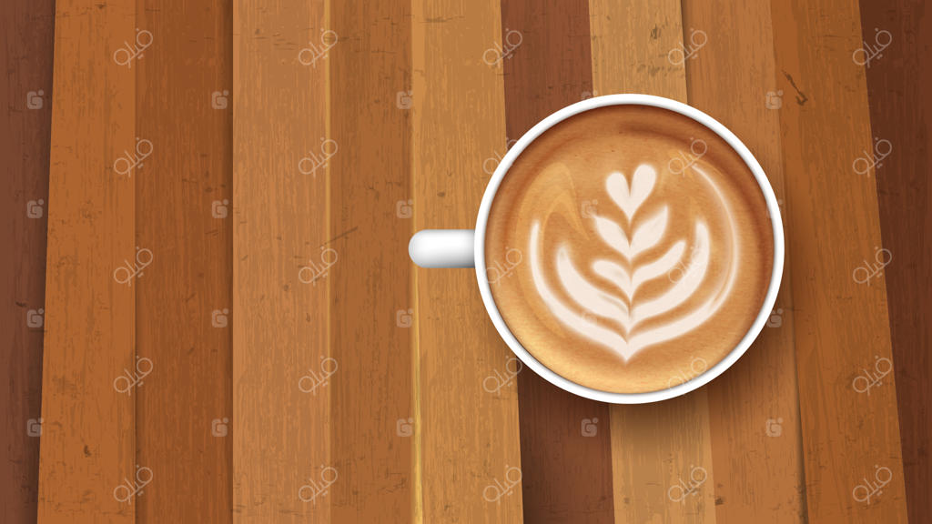 نمایی از بالا: فنجان سفید قهوه لاته با طراحی گل لاله بر روی زمینه چوبی