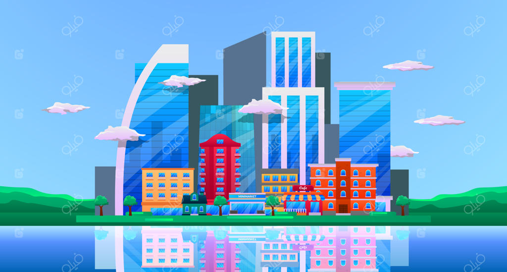 آسمان‌خراش‌های شهری، ساختمان‌های تجاری، منظره شهری مرکز شهر با برج و دریا و بازتاب آن