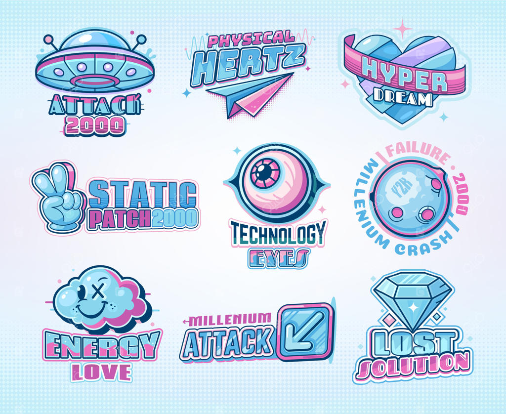 آیکون‌های دوره Y2K، کره زمین رترو، قلب، استیکرهای بشقاب پرنده