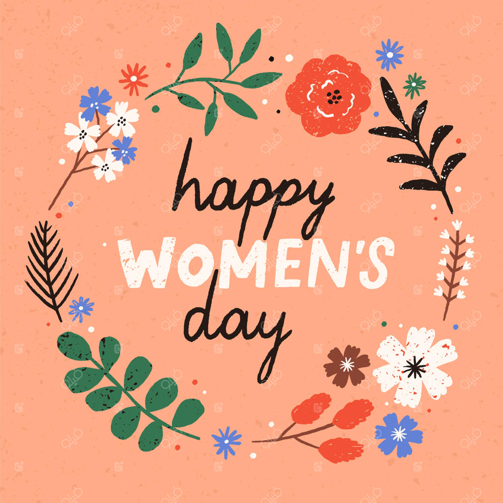 قالب کارت تبریک یا کارت‌پستال با آرزوی روز زن مبارک درون قاب گرد گل‌دار با گل‌های شکوفه‌زده بهاری