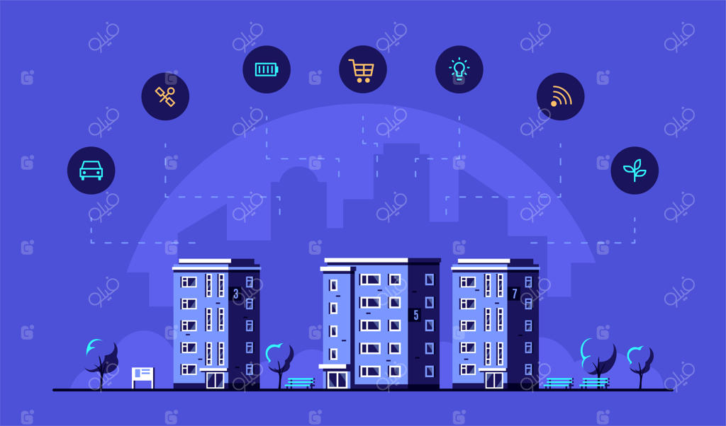 چشم‌انداز شهری با خانه‌های مدرن و نمادها.