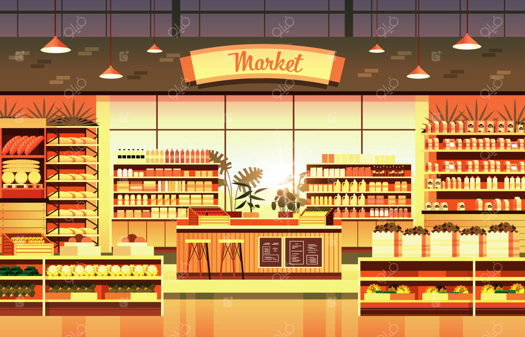 فروشگاه مواد غذایی با قفسه‌های محصولات - مفهوم خرده‌فروشی و مصرف‌گرایی در طراحی داخلی بازار مدرن