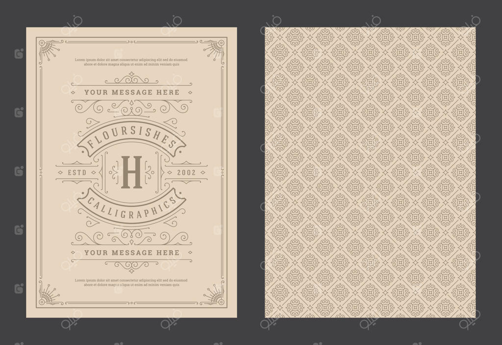 الگوی طراحی کارت تبریک کلاسیک با قاب‌های تزئینی و خطوط خوشنویسی