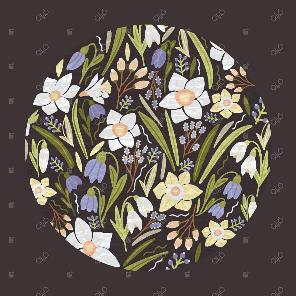 پشت‌زمینه گل‌دار دایره‌ای یا عنصر طراحی تزئینی مدور شامل گل‌های شکوفان باغ زیبا و گیاهان گل‌دار بر روی زمینه سیاه. تصویر طبیعی شیک به سبک ساده