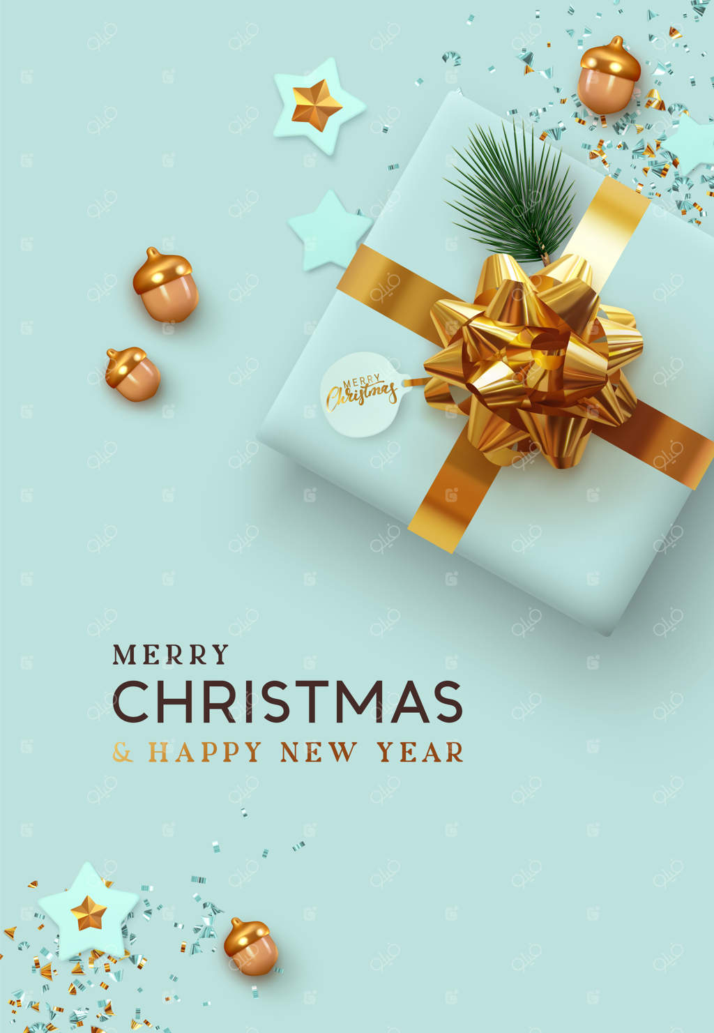 کریسمس مبارک و سال نو مبارک. طراحی پس‌زمینه واقعی کادوهای آبی، اشیای تزئینی و جشن. نمای بالا از تخت. پوستر تعطیلات، بنر وب، بروشور شیک و کارت تبریک