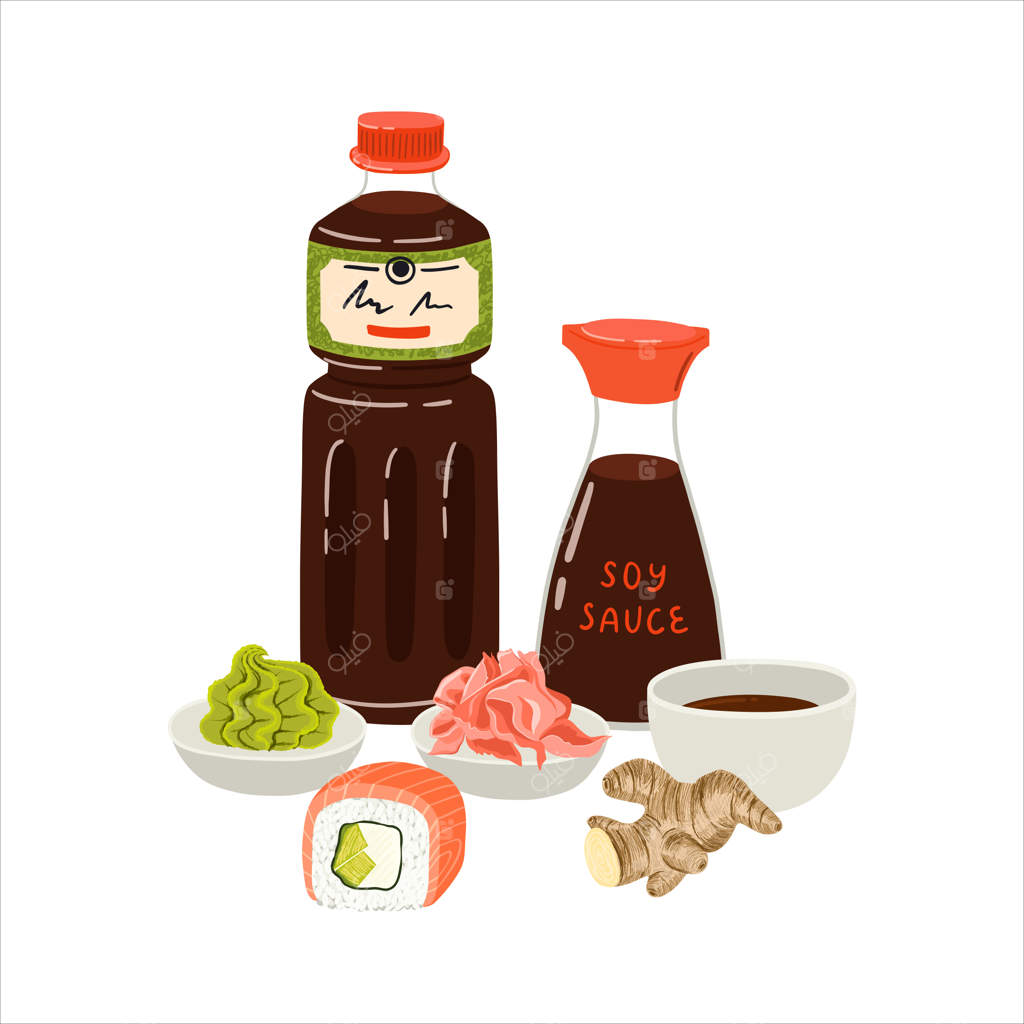 چاشنی‌های سنتی آسیایی: واسابی، سس سویا و زنجبیل. تصویرسازی وکتور.