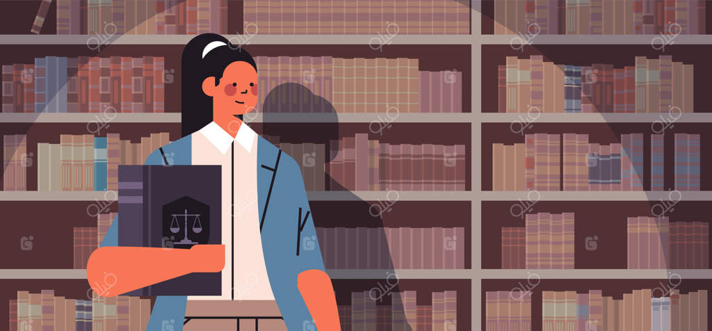 وکیل زن در حال نگه داشتن کتاب قضا - مفهوم عدالت و مشاوره حقوقی - تصویر وکتور افقی